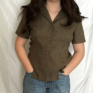 80s Jessica Petites Vintage Neutral Short Sleeve Button Front‎ Blazer/ Blouse